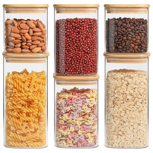 ComSaf Airtight Glass Storage Canister with Lids (0.7Qt/1.2Qt/1.6Qt) Set of 6, Food Storage Container Kitchen Pantry Storage Jar, Glass Jars for Flour Cereal Sugar Tea Coffee Beans Snacks, Square